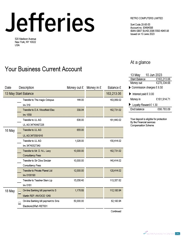 Download Jefferies Bank company checking account statement Word and PDF template Photoshop template